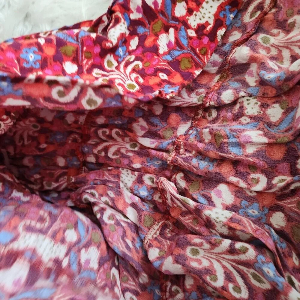 Anthropologie Robin Floral Ruffle Tiered Mini Dress Size XS‎ Oversized Pink Red